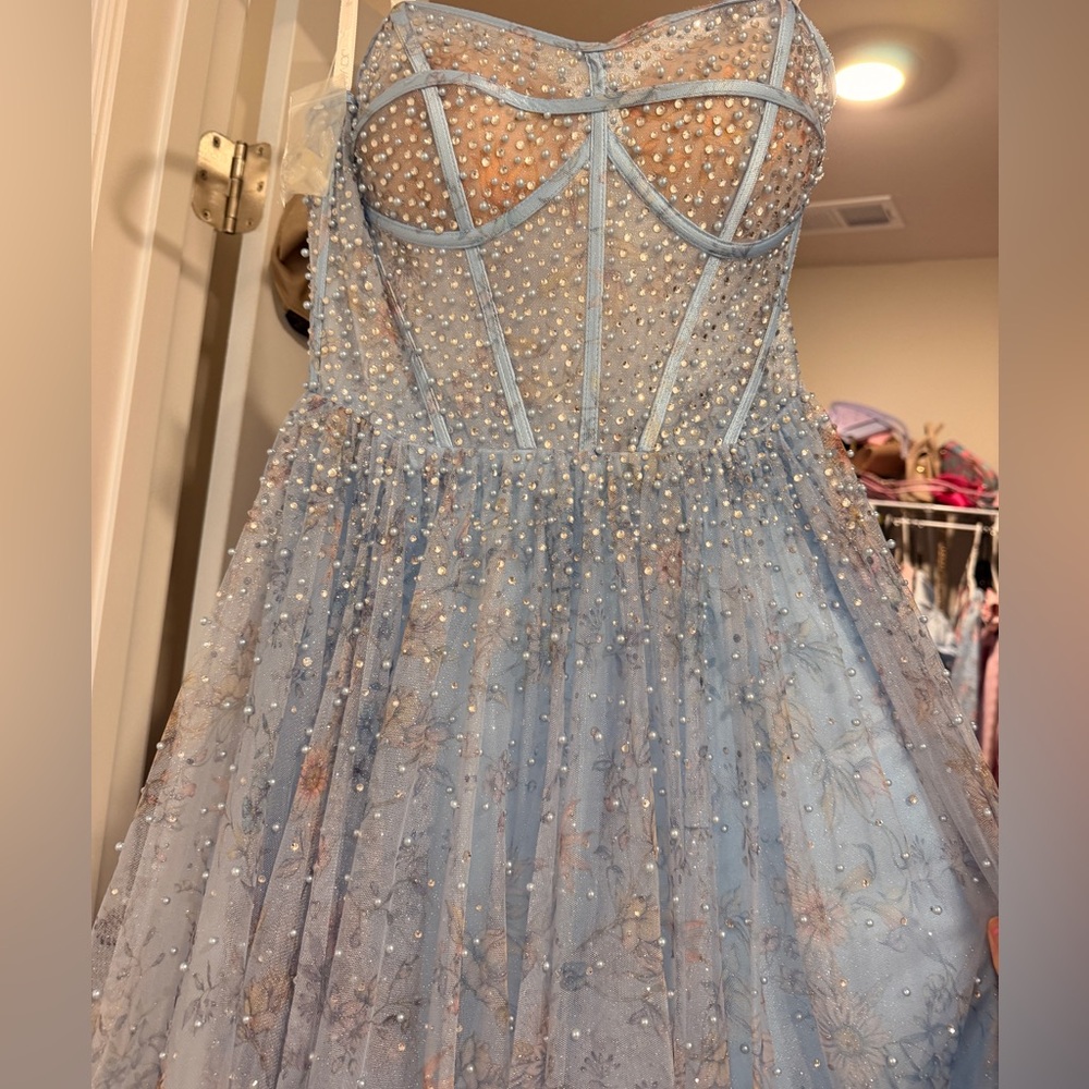 Jovani Light Blue Beaded Tulle Evening Gown